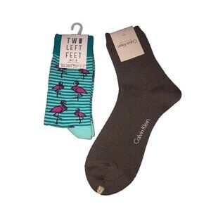 Large Socks 2 Pair Calvin Klein Two Left Feet Flamingos Blue Striped Brown NWT